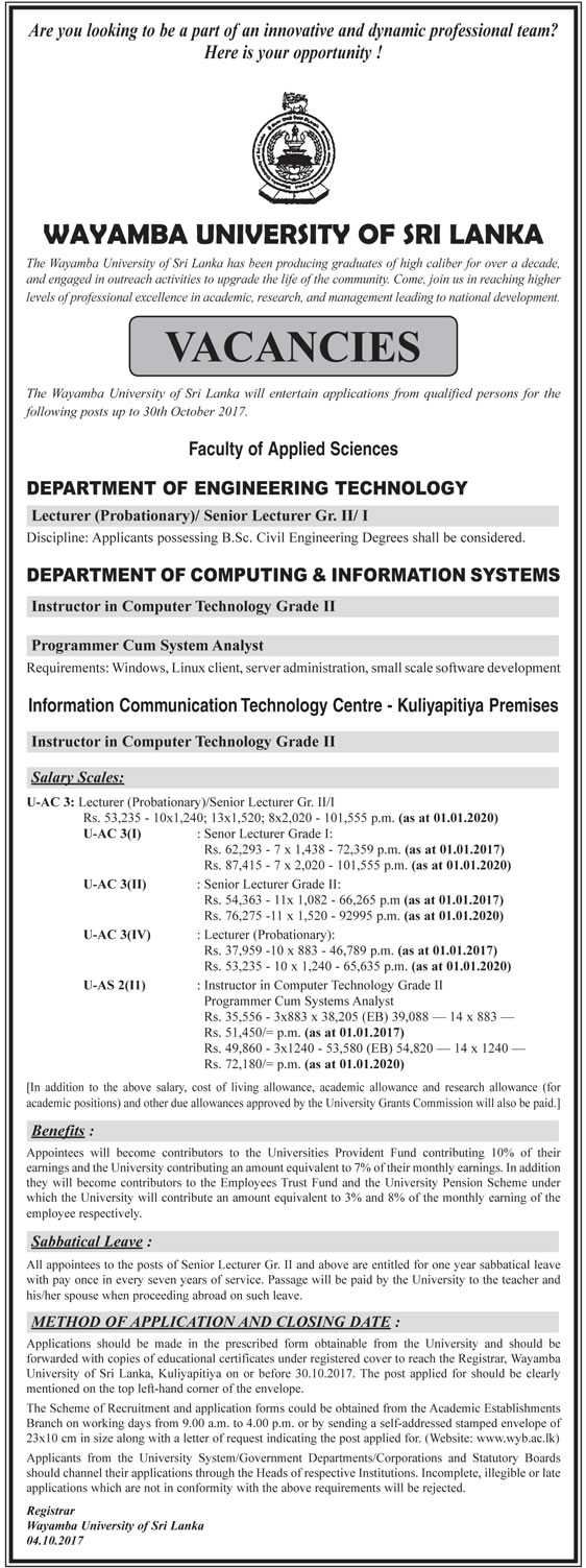 Instructor in Computer Technology, Programmer Cum System Analyst - Wayamba University of Sri Lanka